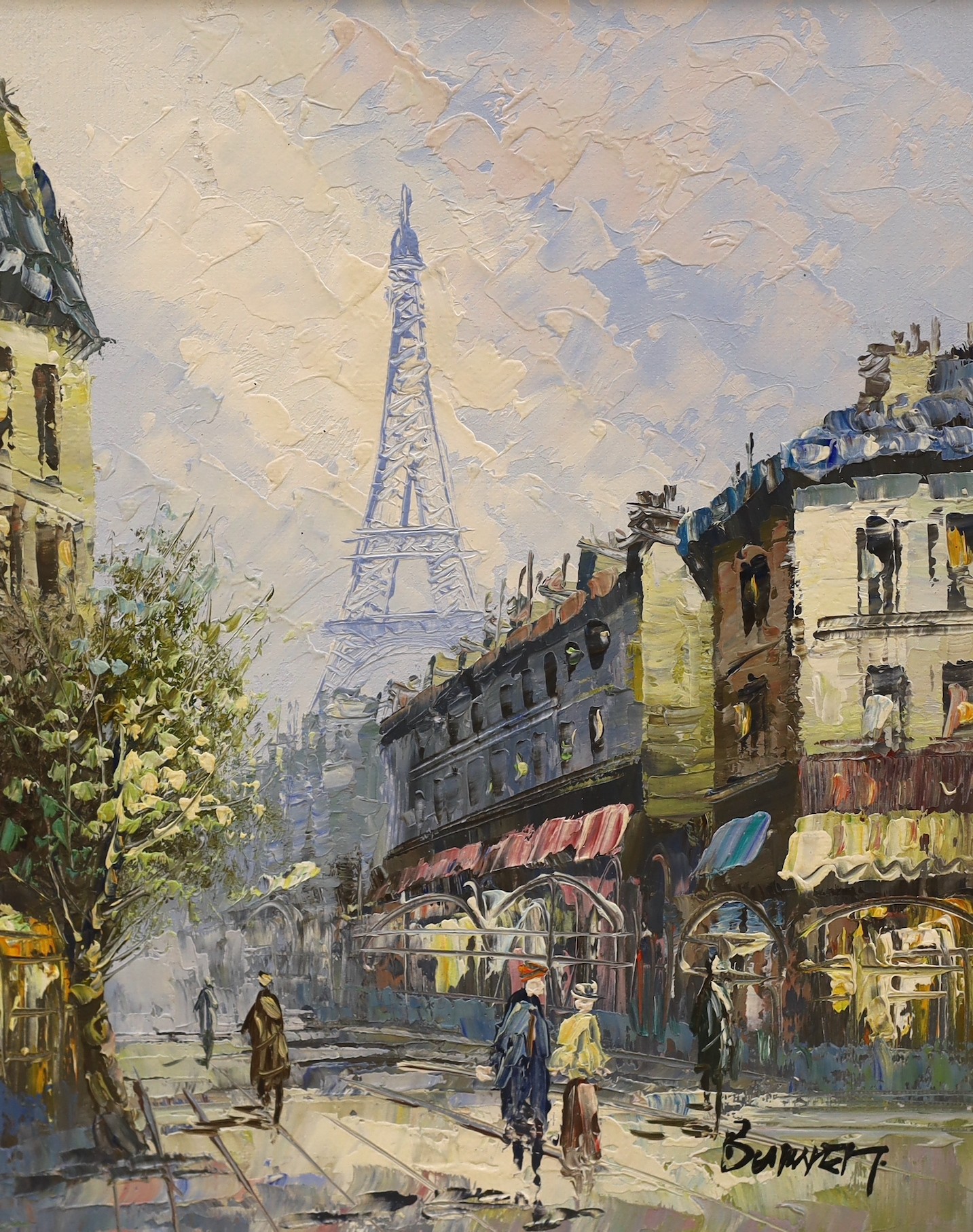 Elizabeth Burnett, oil on canvas, Parisian street scene, signed, 25 x 20cm